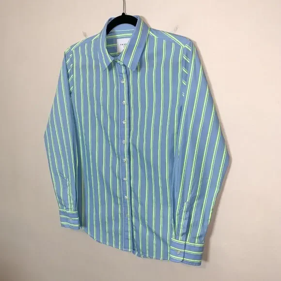 The Shirt by Rochelle Behrens The Icon Shirt in Blue & Lime Green Stripe Size S - Picture 4 of 12